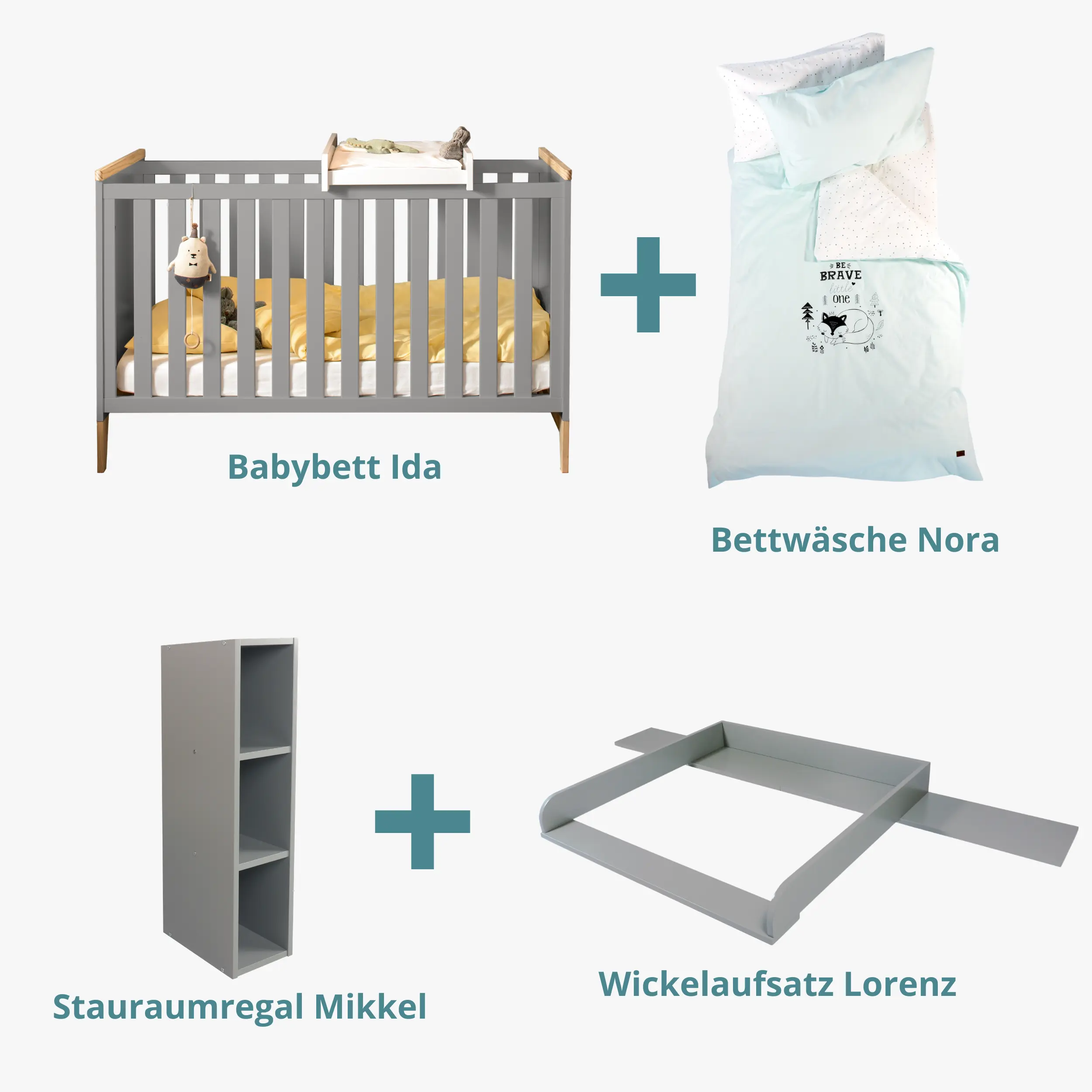 Babyzimmer-Set: Babybett, Bettwäsche, Wickelaufsatz & Regal in Grau für IKEA Malm