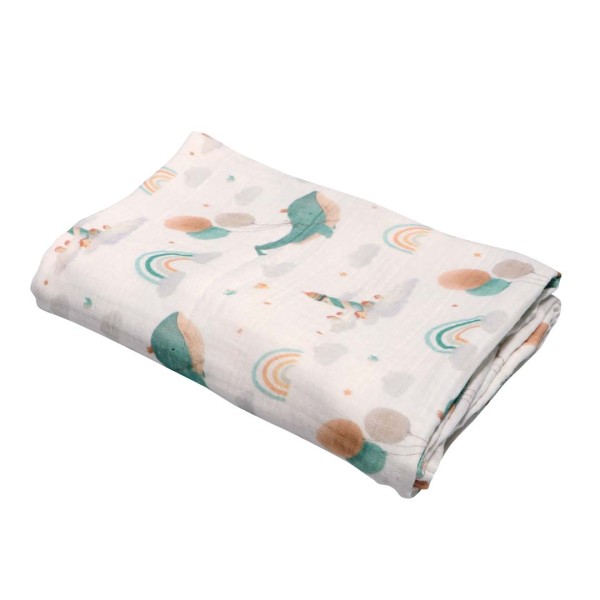 Amalia muslin baby blanket, white, whale design, 100x135 cm